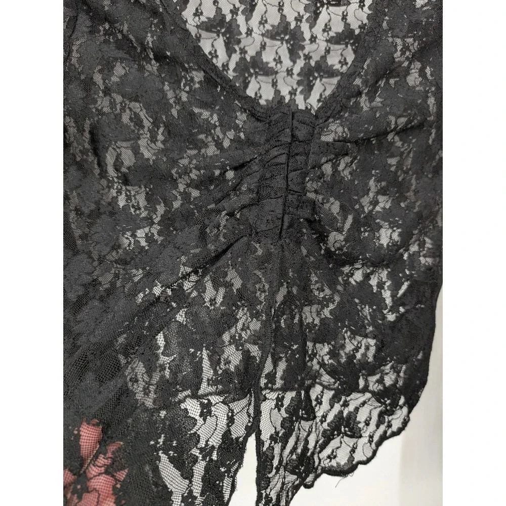 Whimsygoth Crop Top Womens Small Black Sheer Floral Lace Ruched Bell Sleeve‎